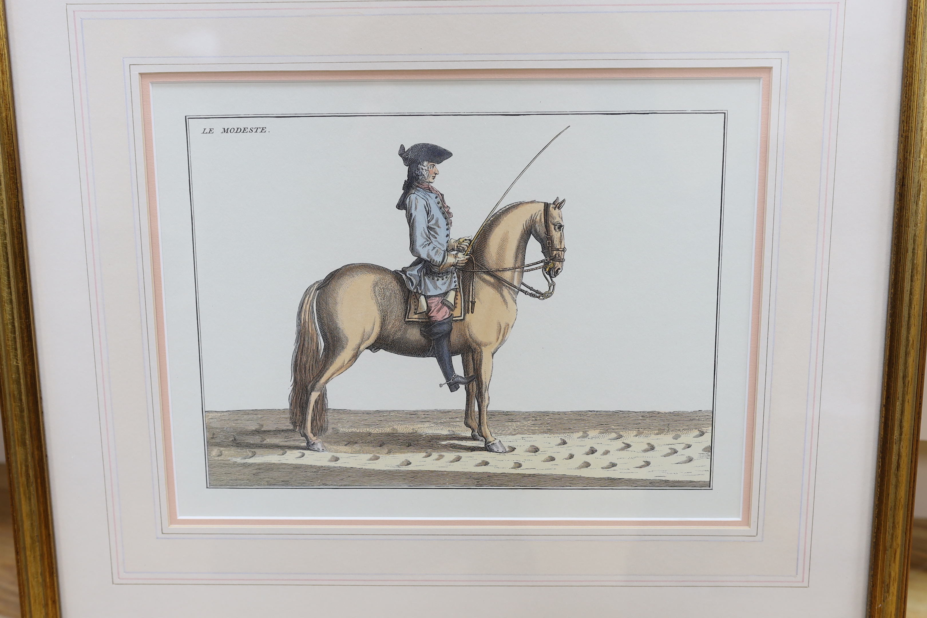 After Baron Eisenberg (German, 1695-1770), set of six coloured equestrian engravings, including Le Sage, Le Rubis and Le Modeste, each 25 x 32cm